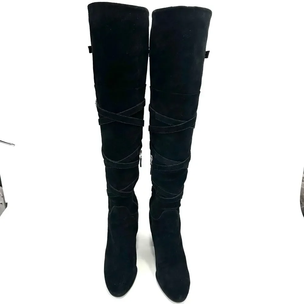 Sam Edelman Sable Black Over-The-Knee Boot Sz 9.5 Suede Heeled Adjustable Straps